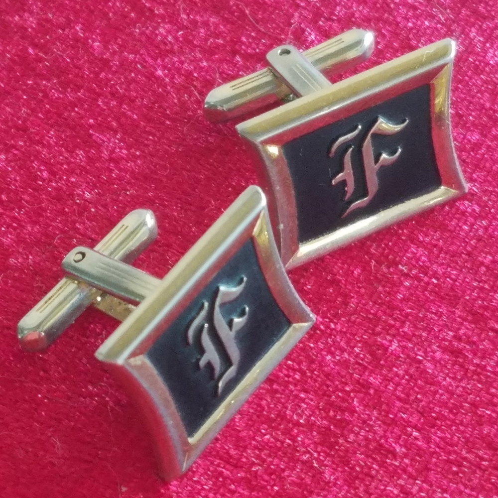 Vtg Monogram F cufflinks goldtone black enamel